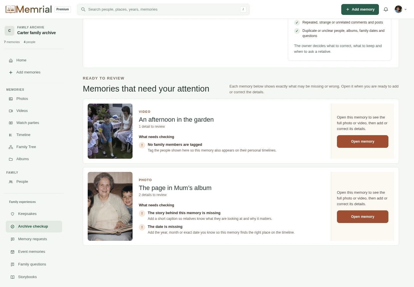 Memrial Archive checkup showing family photographs that need names, dates or other details.