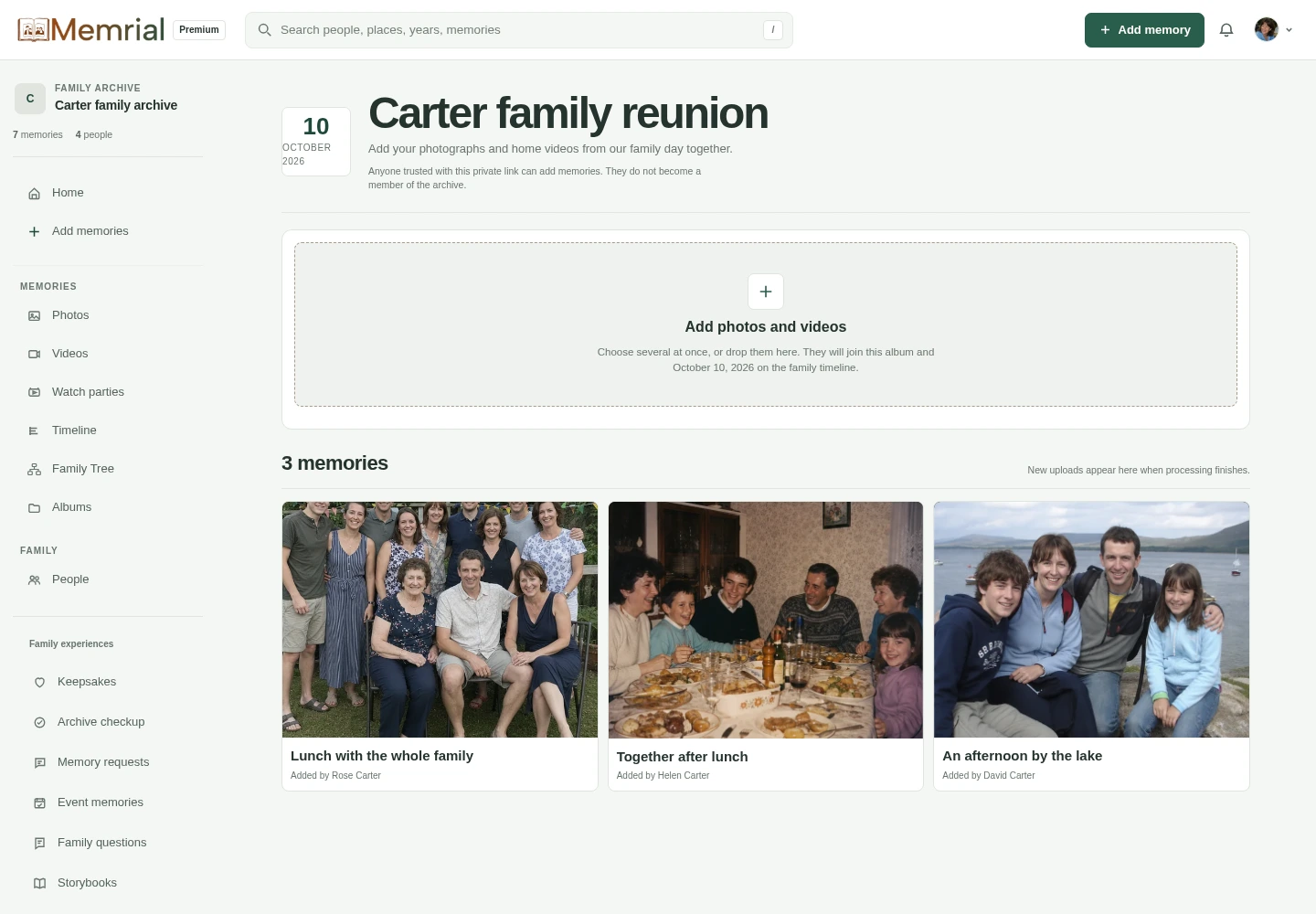 The Memrial event contribution page, where relatives sign in to add photographs through a private link without joining or browsing the archive.