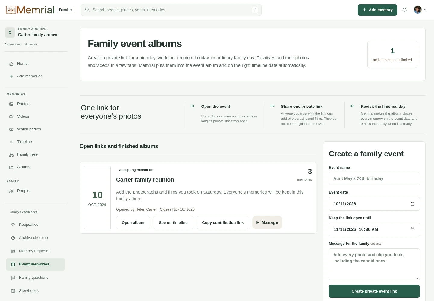 Memrial Family event albums screen with a family occasion accepting photos through a private contribution link.