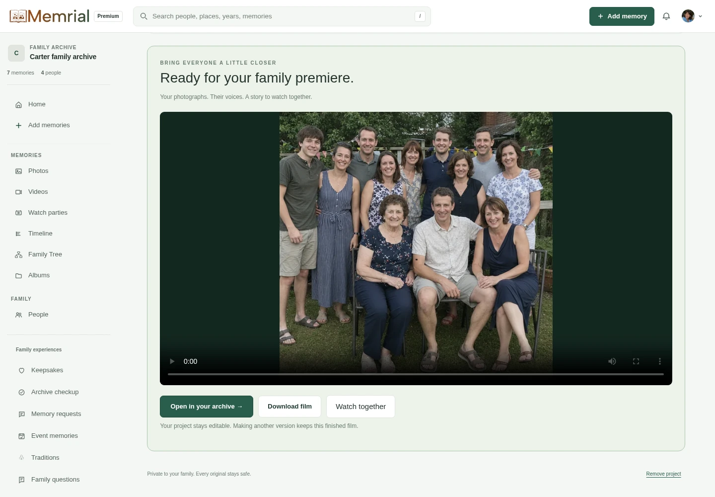 A finished Carter family film in the Memrial preview editor, with its video, download and Watch together actions.