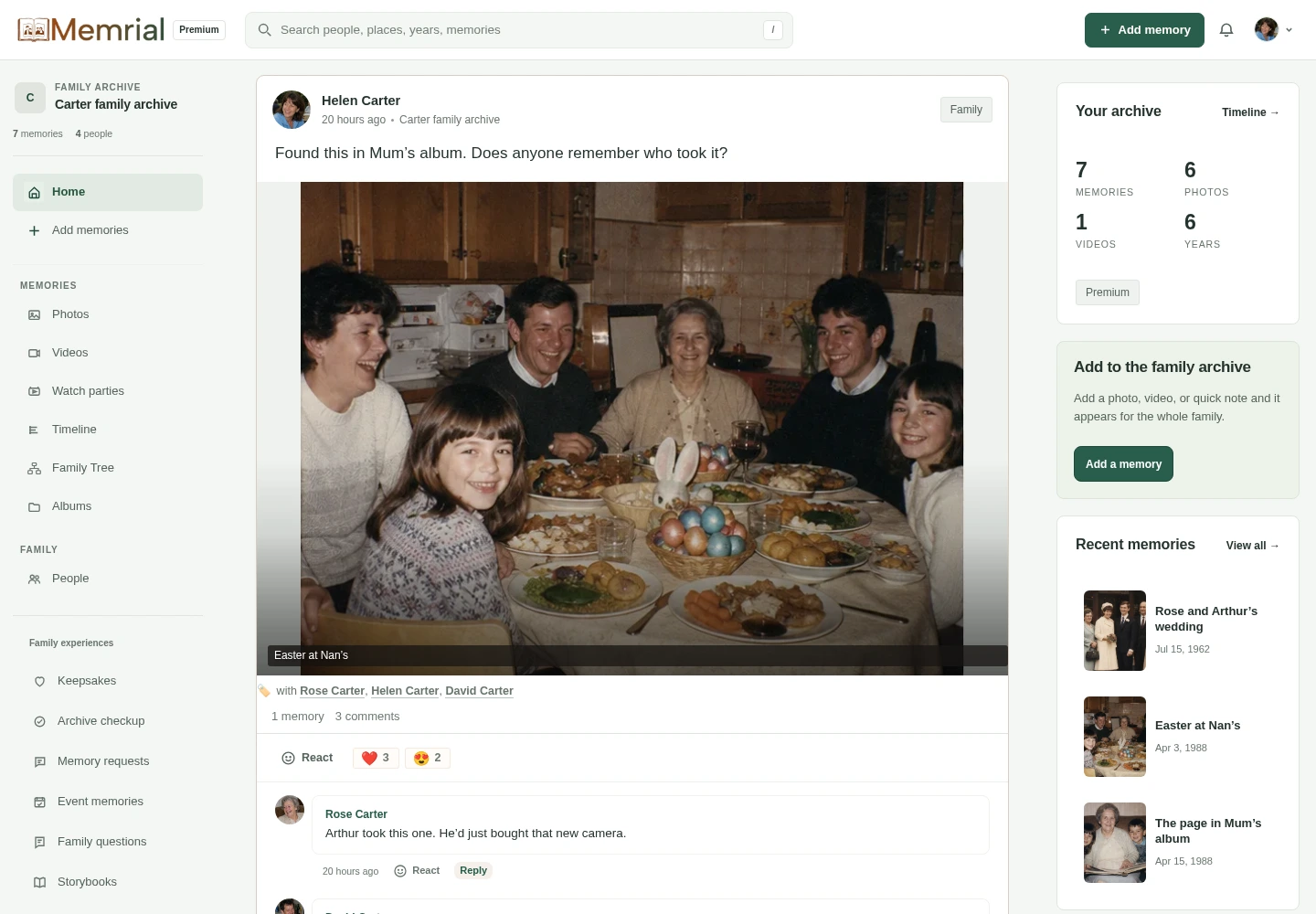 The Carter family feed in Memrial, with family photographs, stories and replies.