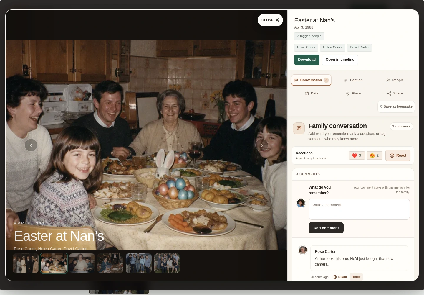 A photograph opened in Memrial with its names, date, story and family conversation.
