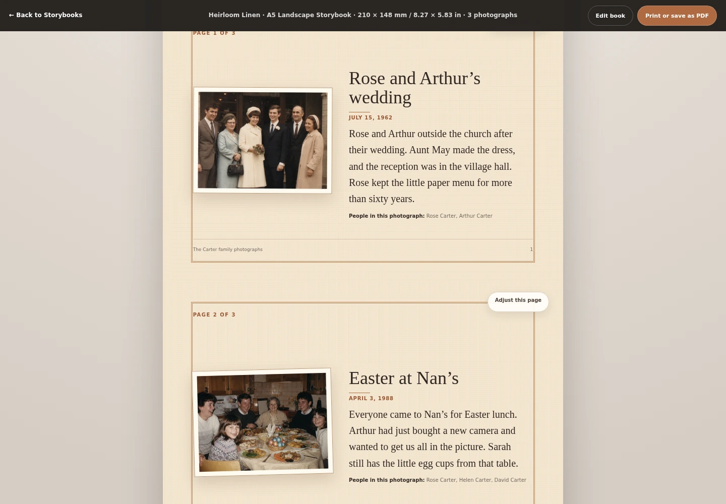 A Carter family photo book opened in the Memrial Storybooks reader, with a photograph and its story.