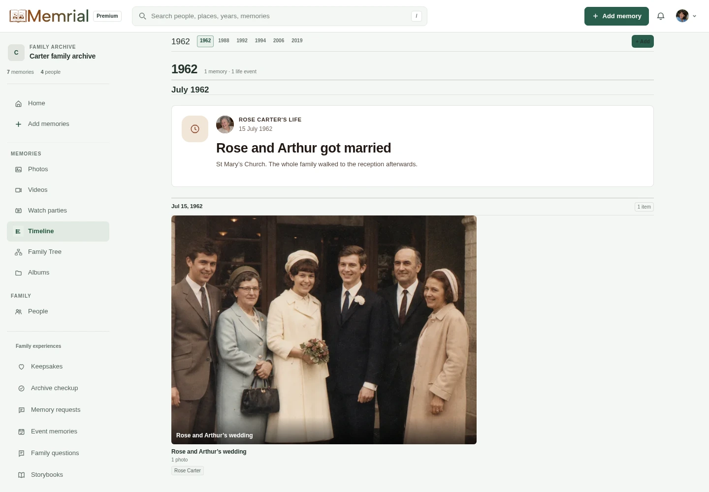 The Carter family timeline in Memrial, showing photographs and occasions across the years.