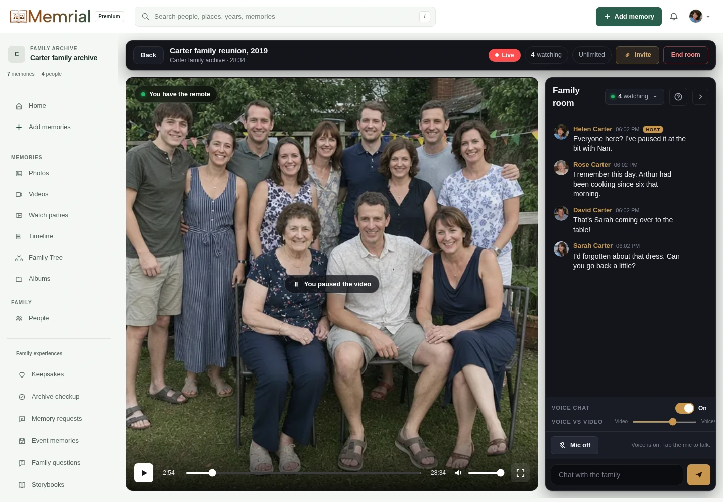 The Memrial watch party player with a Carter family home video, playback controls and family chat.